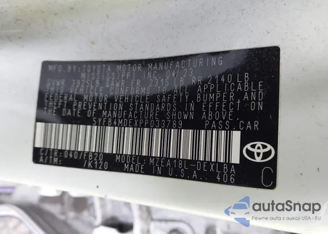 2023 Toyota Corolla Le z USA, uszkodzony, nr VIN 5YFB4MDEXPP033789